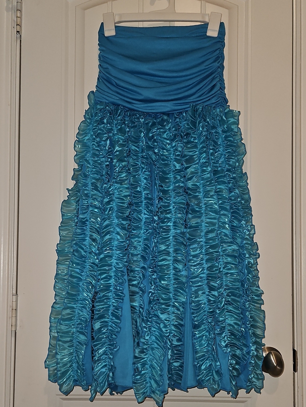 Ruched Waist Teal Maxi Skirt with Layered Ruffle Panels